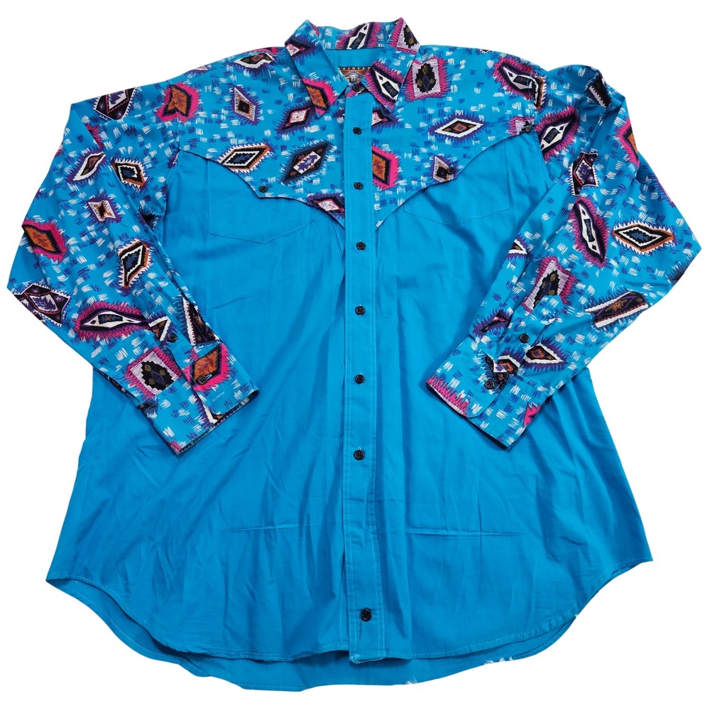 Painted Mesa Mens XL Turquoise Southwestern Geometric Western Button Down‎ Shirt